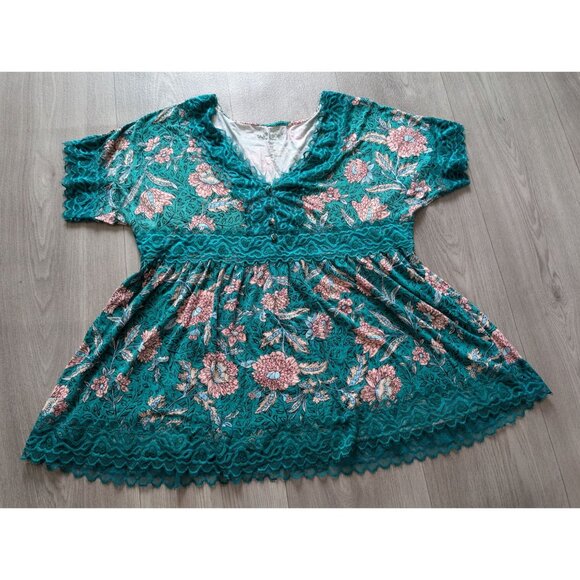 Torrid Super Soft Floral Lace-Trim Babydoll Top Teal & Pink Size 00 - Picture 5 of 9